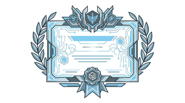 Futuristic digital certificate with laurel wreath and tech patterns