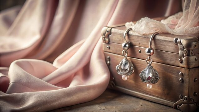 A delicate silver earring nestled among creased pale pink silk drapes in an antique vintage dress storage trunk