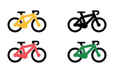 Fototapeta premium Set of four simple bicycle icons in yellow, black, red, and green colors, vector illustration for cycling themes.