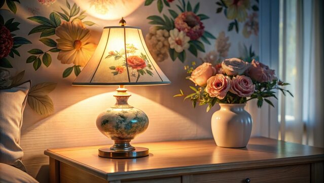 A floral table lamp softly glows on a bedside table casting serene shadows in a tranquil sleeping sanctuary