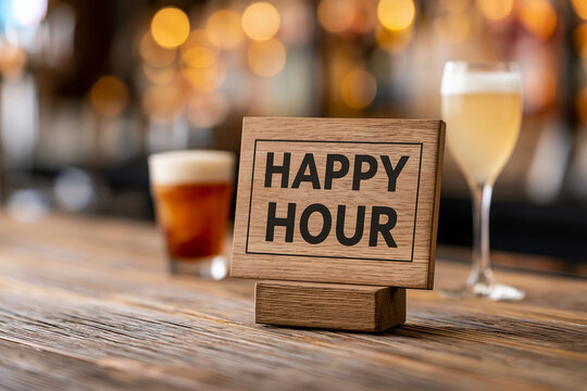 Happy hour tabletop sign on a bar counter