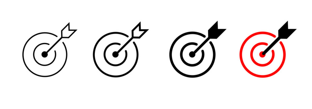 Target icon with arrow in center symbolizing goal, focus and accuracy. Bullseye pictogram for success, achievement, strategy and direction. Ideal for planning, performance, and business goals concept.