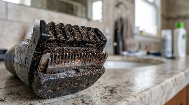 Dirty hair clippers and trimmer machine on bathroom counter. Featuring clogged razor blades filled with cut hair clippings after shave. Unhygienic male grooming concept for sanitary