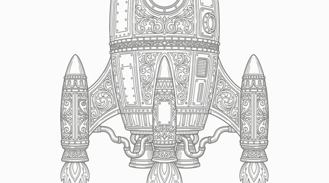 Steampunk rocket ship with ornate filigree engraving patterns