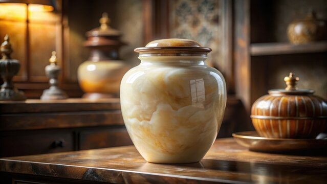 A dusty forgotten jar of creamy white onyx sat quietly on a cluttered antique shelf forever