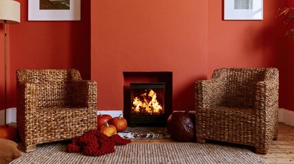 Obraz premium Cozy autumn living room featuring a warm fireplace and wicker armchairs against a papaya orange wall for seasonal interior styling and home decor