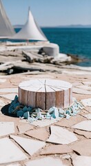 Fototapeta premium Wooden plank podium with nautical rope and sea glass on a stone jetty for coastal product display, featuring a weathered texture and bright ocean light