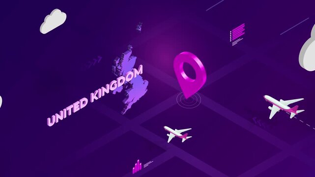 Isometric Design, United Kingdom Map Silhouette Location Pin and Airplanes on Purple Animation, Travel Background