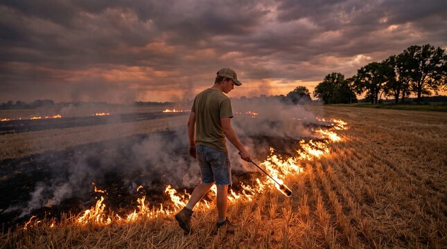 Farmer igniting stubble in a field under a dramatic, cloudy sky at sunset, performing a controlled burn of crop residue.