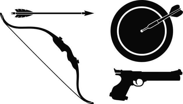 Target shooting sports gear black silhouette icon set featuring archery bow longbow feathered arrow dartboard with bullseye dart and handgun pistol vector