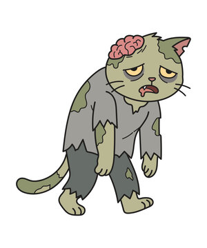 Cute zombie cat cartoon character with exposed brain isolated on white background
