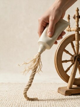 Raw fiber being squeezed from a tube and spun into coarse linen thread for natural textile advertising and interior design campaigns