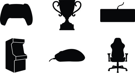 Video gaming and esports silhouette icon set featuring controller gamepad trophy keyboard retro arcade machine computer mouse and ergonomic gaming chair vector © RAKIB