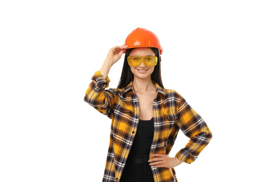 Female worker wearing safety helmet and glasses, isolated on white, PNG