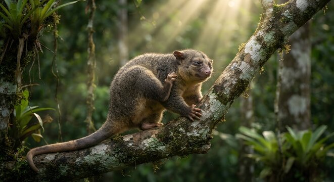 A cute kinkajou scratching itself while perched on a mossy tree branch