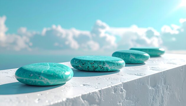 Polished Turquoise Stones Resting White Surface Under Sunny Sky