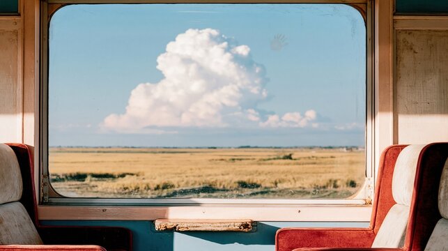 Large cumulonimbus cloud seen through a train window overlooking golden rice fields for summer travel and nostalgic landscape background