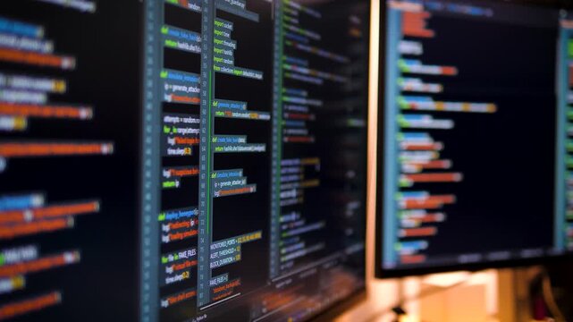 Close up computer monitors displaying fictional programming code and software development interface, technology workspace concept