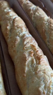 Freshly baked golden baguette resting in a paper tray with a crispy crust and rustic texture, close up shot