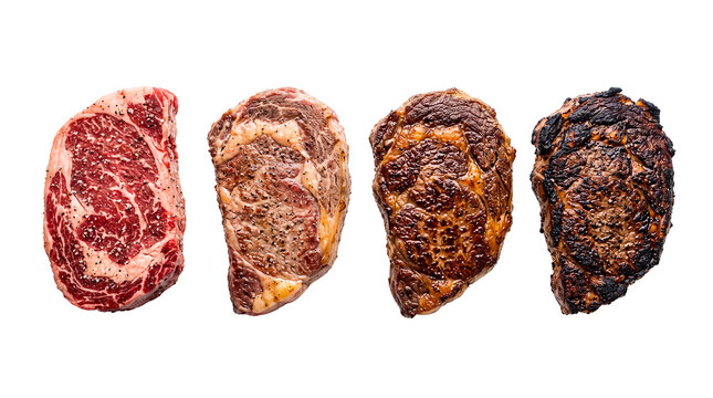 Ribeye beef steak progression from raw to well charred isolated on transparent background