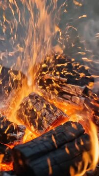Bright orange flames dancing over glowing hot charcoal pieces in a cozy outdoor fire pit