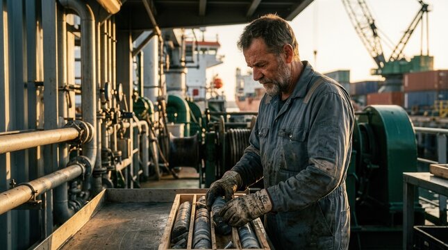 Experienced seafarer examines geological core samples on a ship deck, industrial port background with cranes and cargo ships.
