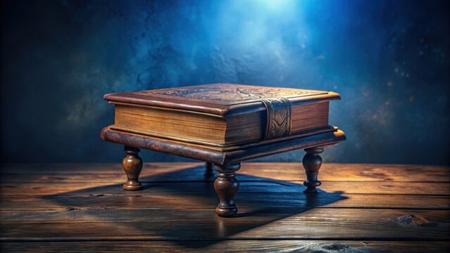 A majestic leatherbound tome on a weathered wooden pedestal against a rich dark blue background
