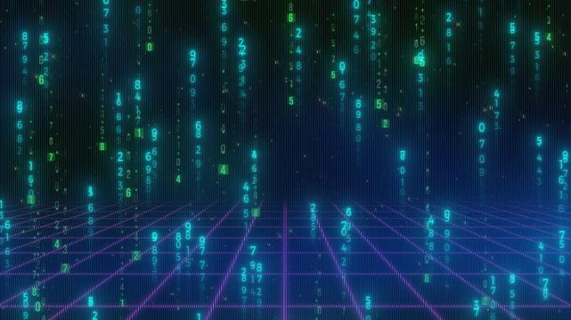 Digital matrix rain cascades over a glowing neon grid floor representing complex data structures and virtual environments.