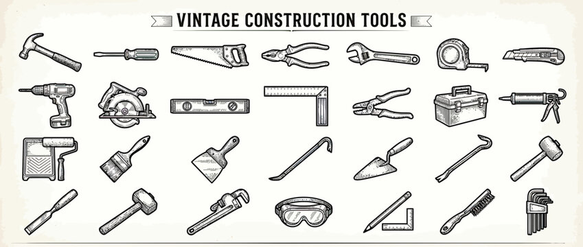 Vintage Hand Drawn Construction and DIY Tools Collection