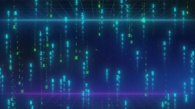 Grid horizon illuminates with falling binary data streams beneath a glowing neon light line.