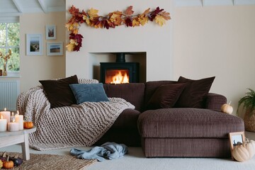 Obraz premium Cozy autumn living room featuring a brown sectional sofa with knit throws and a glowing fireplace for seasonal home decor and interior design