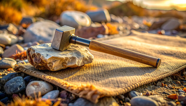 Hammer and rock on mat outdoors.