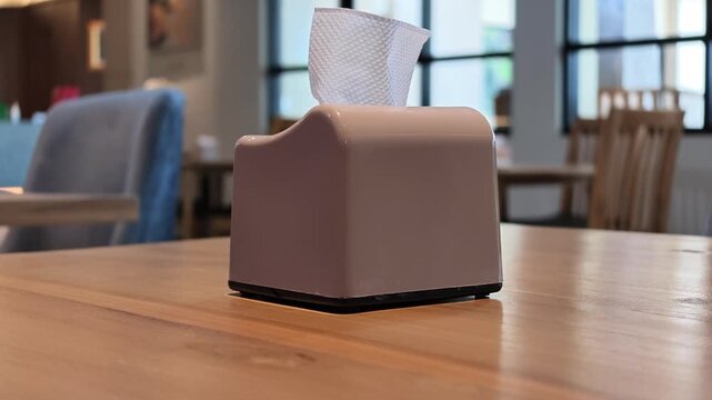 Clean modern plastic tissue dispenser box standing on a polished wooden dining table inside a cozy restaurant cafe interior in smooth slow motion footage.
