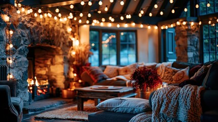 Obraz premium Cozy country living room with a glowing stone fireplace and amber string lights for warm home interiors and winter holiday concept