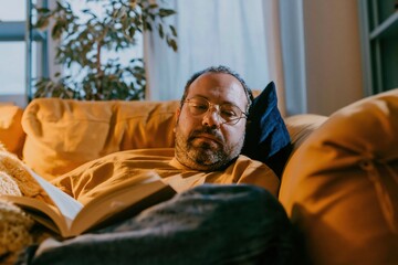 Fototapeta premium Relaxed man with glasses reading a hardcover book on a cozy brown sofa, featuring a chunky knit throw and soft for home lifestyle and wellness concepts