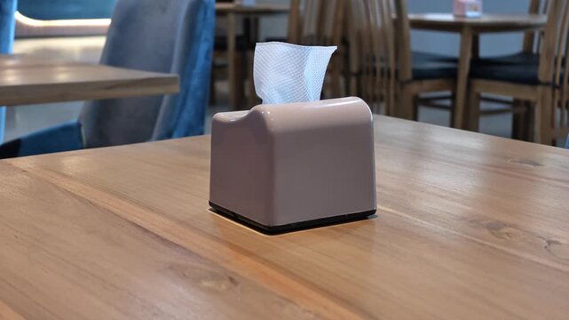 High angle view of a sleek tissue box holder placed on a wooden table in an empty cafe, showcasing interior ambiance and slow motion cinematic lighting.
