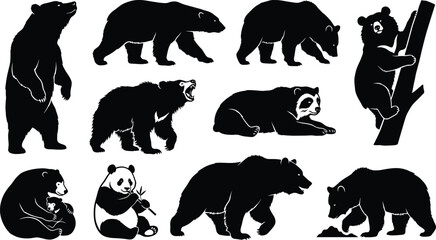 Flat Color Vector Wild Bear Species Silhouette Collection With Panda And Grizzly For Graphic Design Projects © GeetaRani