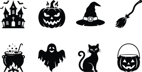 Fototapeta premium Halloween Spooky Silhouette Icon Collection with Haunted House Pumpkin and Witch Symbols for Holiday Graphic Design Projects