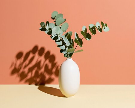 Single white ceramic vase with fresh eucalyptus branches casting a soft shadow on a warm two-tone background with copy space for home decor and wellness branding
