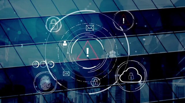 Modern Digital Security Concepts with Cybersecurity Icons and Warning Symbols on Futuristic Glass Building Background. Entropy.