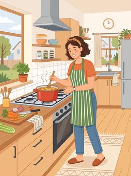 Woman Cooking in Kitchen, Home Cooking Illustration