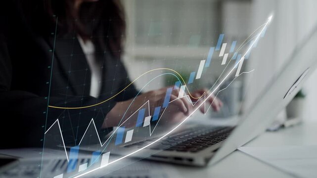 A business professional engages in data analysis on a laptop while surrounded by modern office elements. Graphs and trends symbolize growth and strategy. Copula
