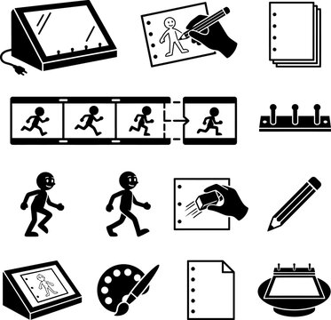 Cinematic production workflow elements collection showing hand drawn animation processes eraser tools pencil work flipbook pages and editing steps for creators.