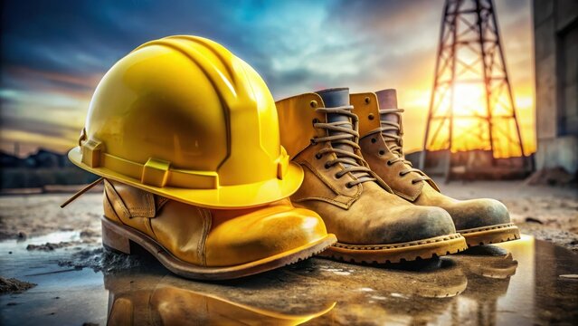 Yellow hard hat and muddy work boots on construction site ground