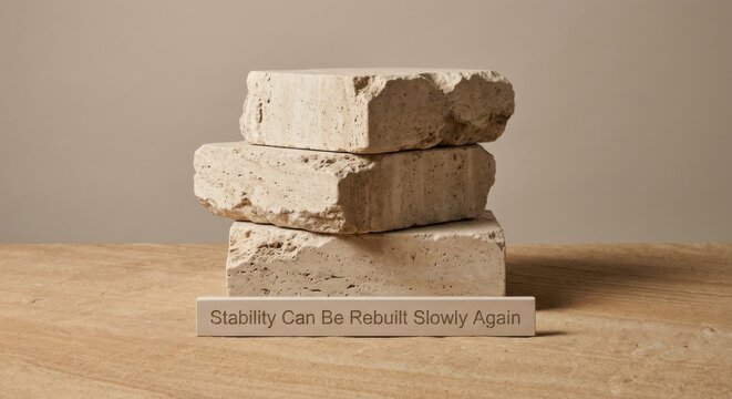 Stacked Travertine Blocks with Inspirational Message of Stability and Rebuilding