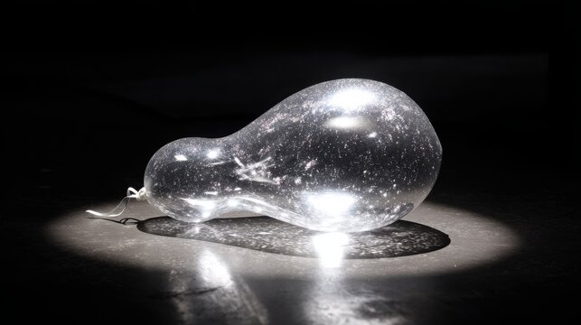 A single shimmering metallic balloon resting on a dark reflective surface under dramatic studio lighting