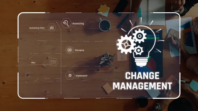 A creative overview of change management processes illustrated with a light bulb symbol, charts, and documents on a wooden desk, showcasing teamwork and strategy. Raster