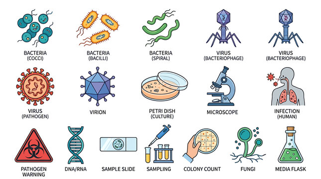 Set of microbiology and laboratory icons featuring bacteria viruses and scientific research equipment.