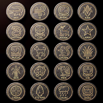 20 Mayan calendar glyphs on black stone coins with golden outlines, Tzolkin symbols