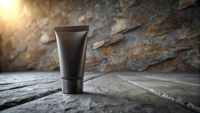A lone black lip balm tube protrudes from the weathered surface of a dark grey stone slab